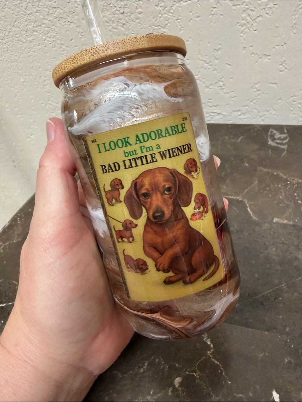Bad Little Weenie Dachshund 12 oz Wine Glass Tumbler Cup with Lid Handmade